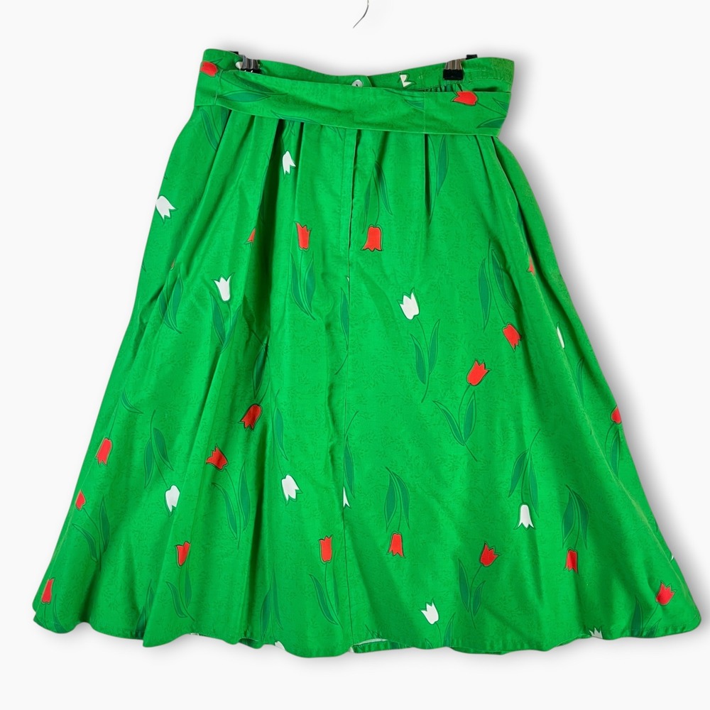 Vintage Malia Green Tulip Floral Midi Skirt A-Line Sash Belt Womens Pink White